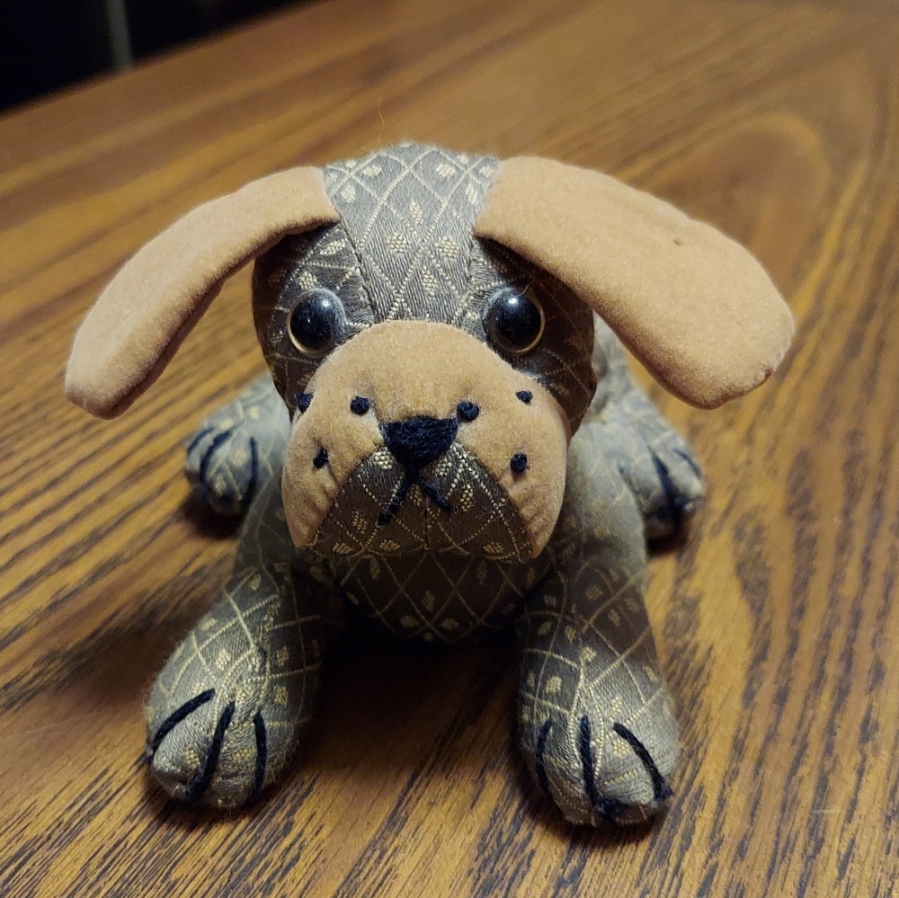 Puppy Paperweight Doorstop Named Bones Dog Brocade Suede Ears UK Dora Designs